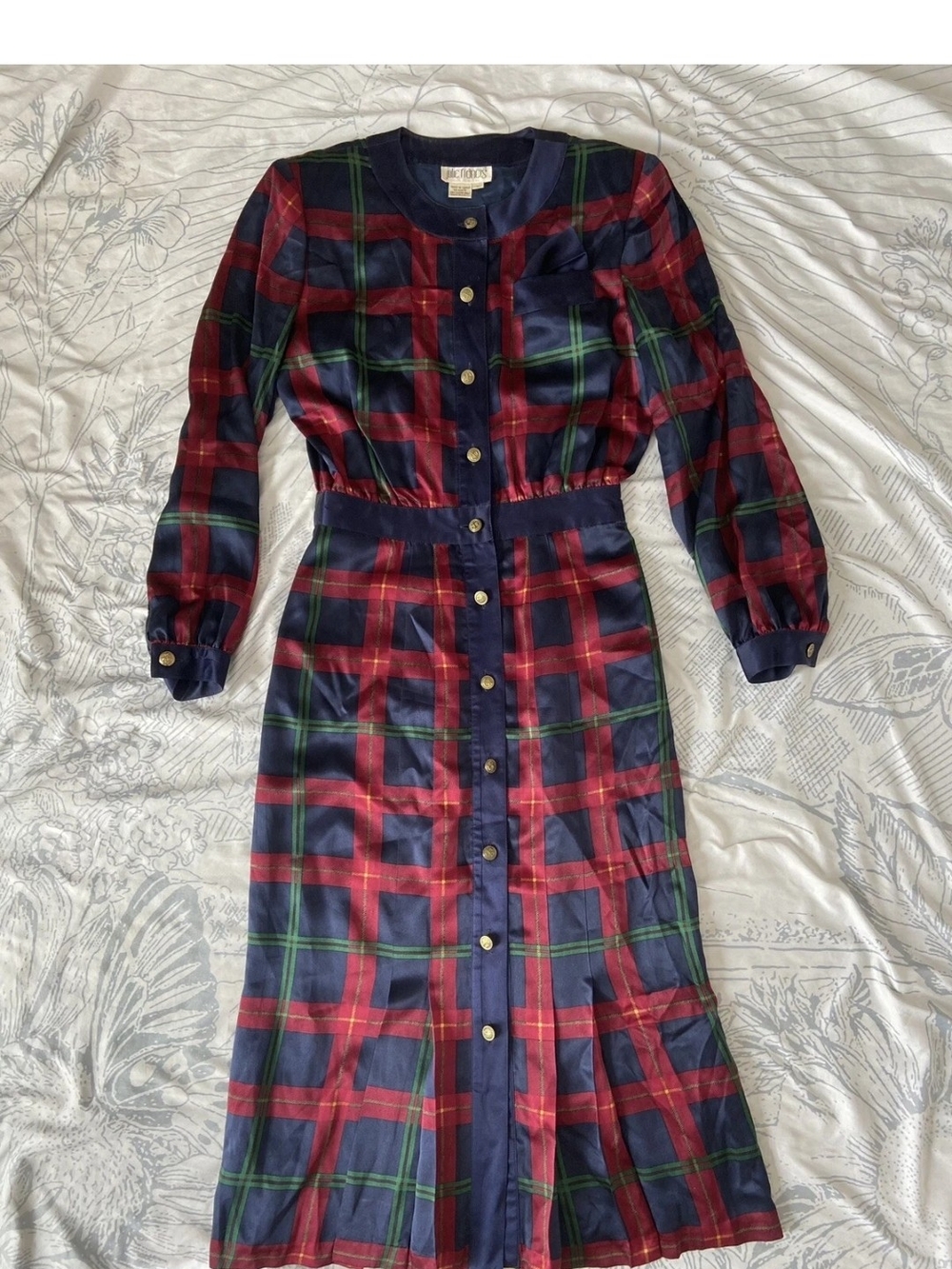 Vintage Navy, Red & Green Plaid Button-Front Midi Dress